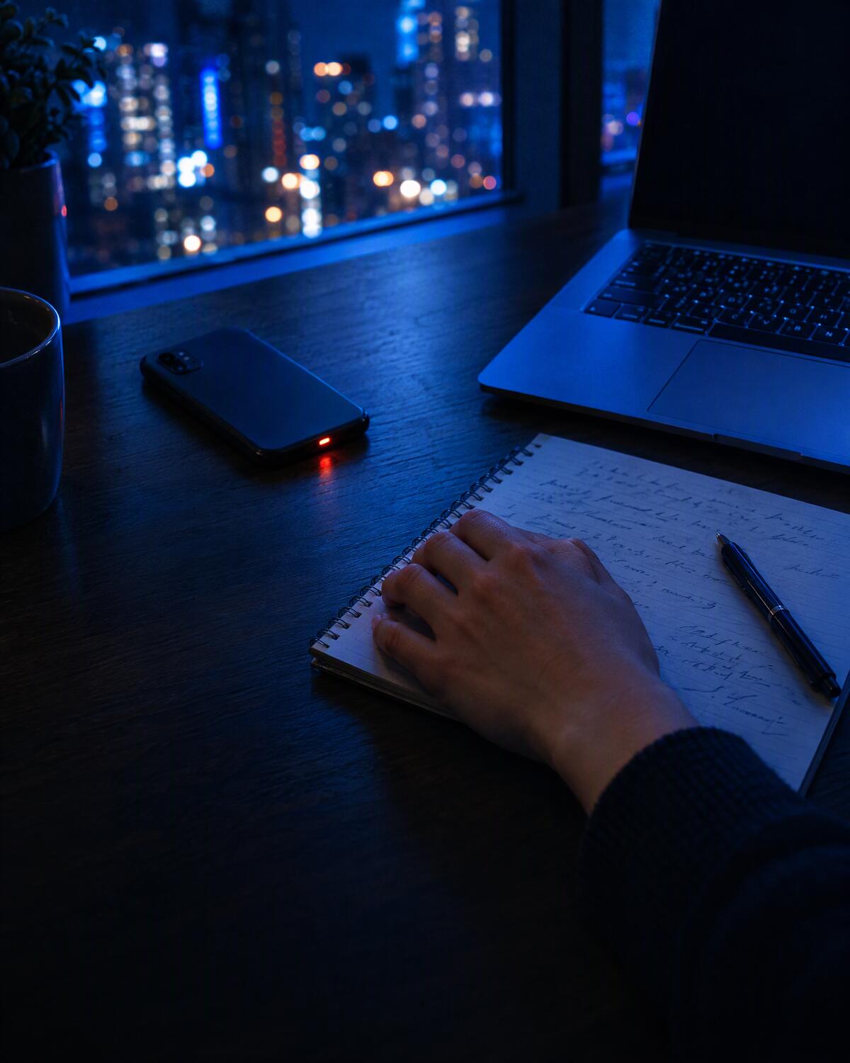 夜裡的書桌:翻面的手機、筆電和寫滿筆記的筆記本