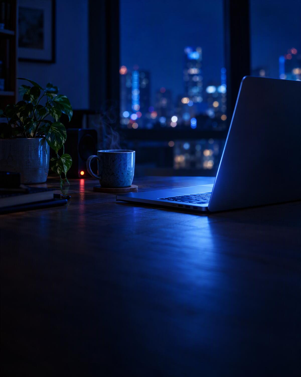 深夜的居家書桌:亮著的筆電與一杯熱茶