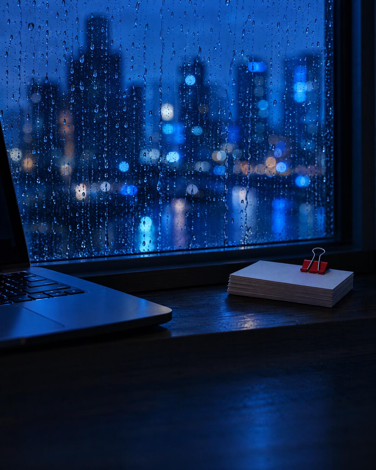 下雨的夜晚,窗邊的筆電與一疊用紅色長尾夾夾住的卡片